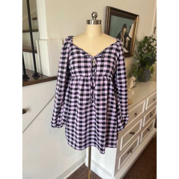 Wild‎ Fable Purple Gingham Babydoll Mini Dress Grunge Soft Alt Cottagecore Sz M - Picture 1 of 6